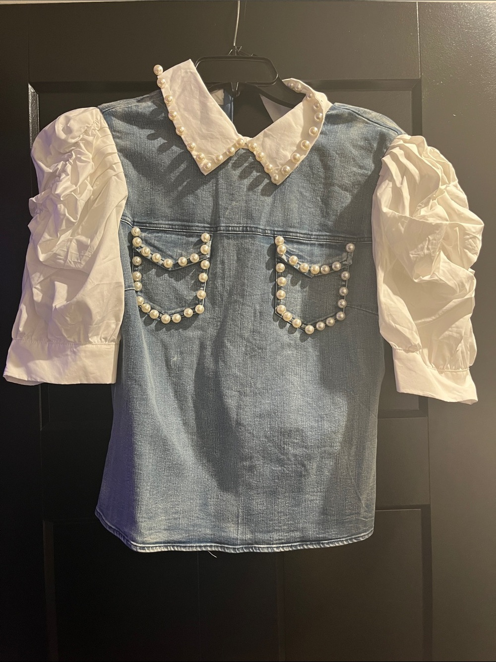Pastels Blue Denim Top with White Puff Sleeves & Pearl Trim